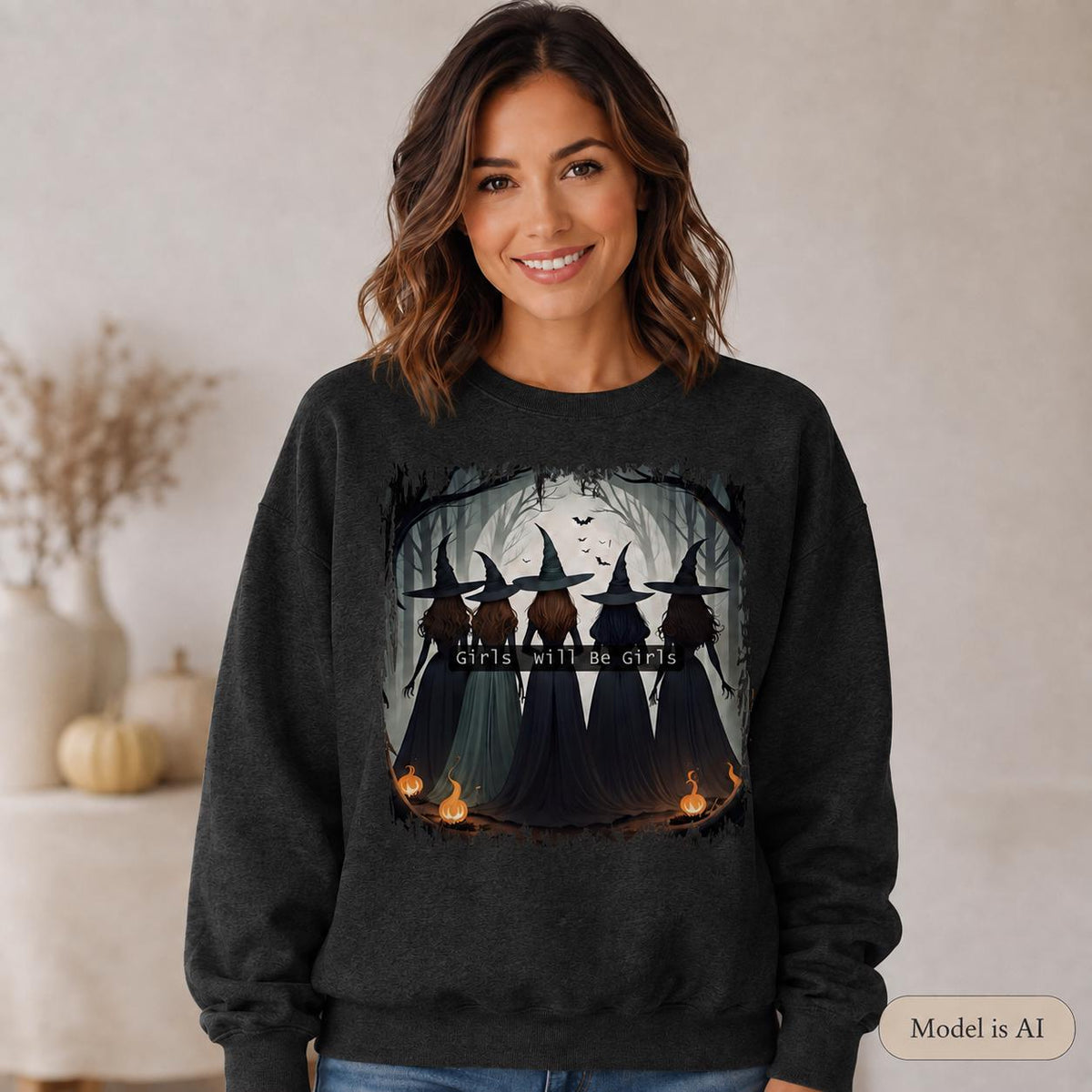 Charcoal Girls Will Be Girls Witch Sweatshirt with vintage Halloween witch graphic on female model
