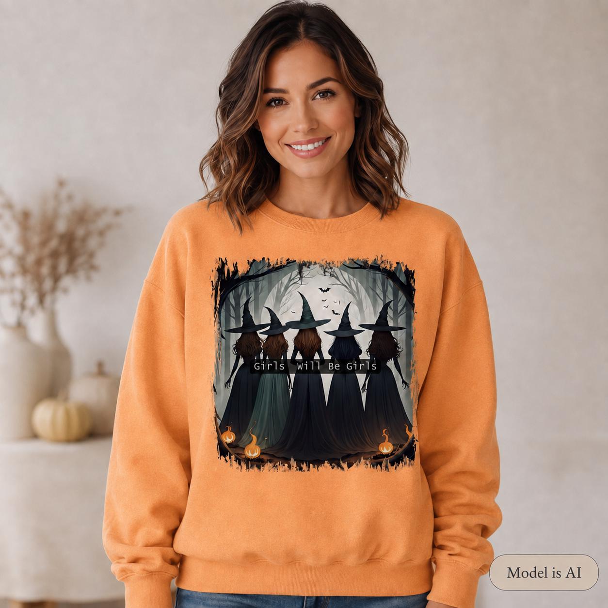 Orange Girls Will Be Girls Witch Sweatshirt with vintage Halloween witch graphic on female model
