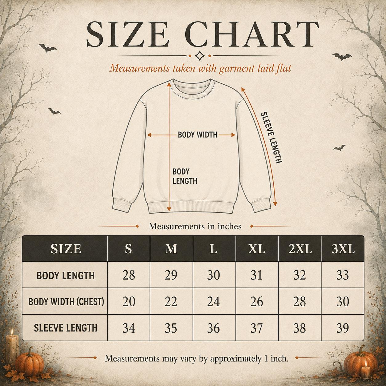Size chart for Girls Will Be Girls Witch Sweatshirt with unisex sweatshirt measurements