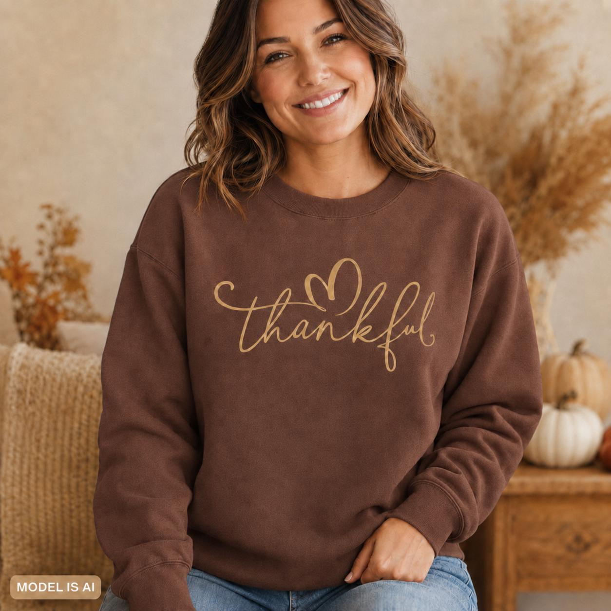 Brown Thankful Sweatshirt with gold script heart design for fall and Thanksgiving ✅
