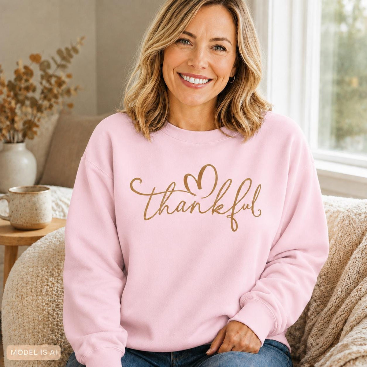 Pink Thankful Sweatshirt with gold script heart design for fall and Thanksgiving ✅