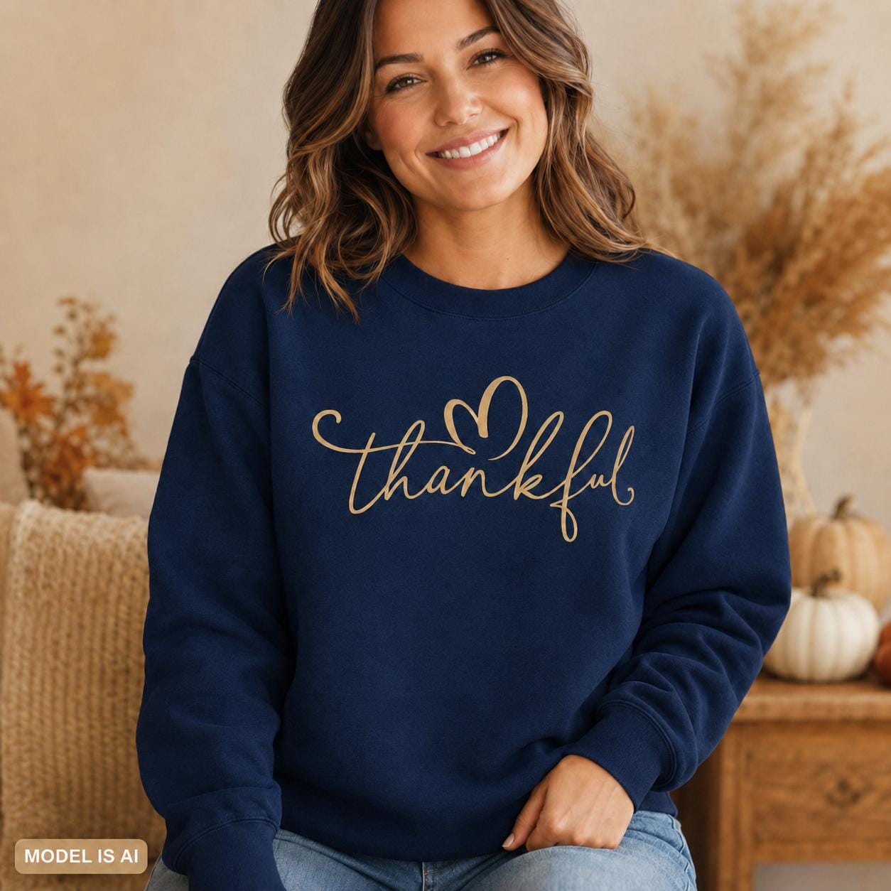 Navy Thankful Sweatshirt with gold script heart design for fall and Thanksgiving 