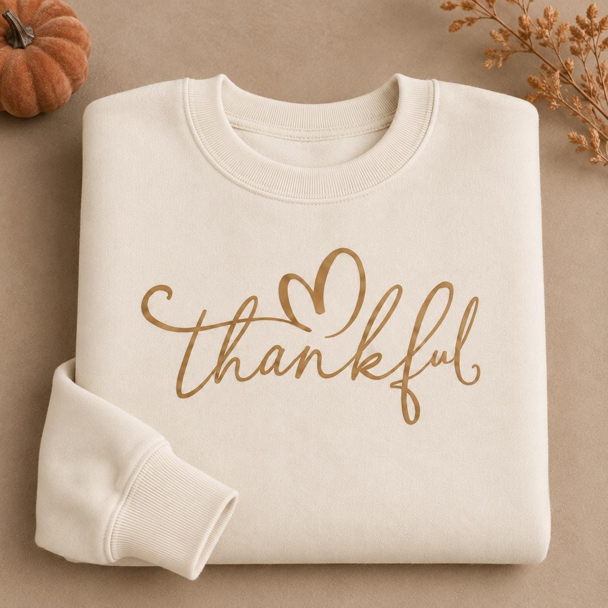 Folded cream Thankful Sweatshirt with gold script heart design and fall pumpkin accents
