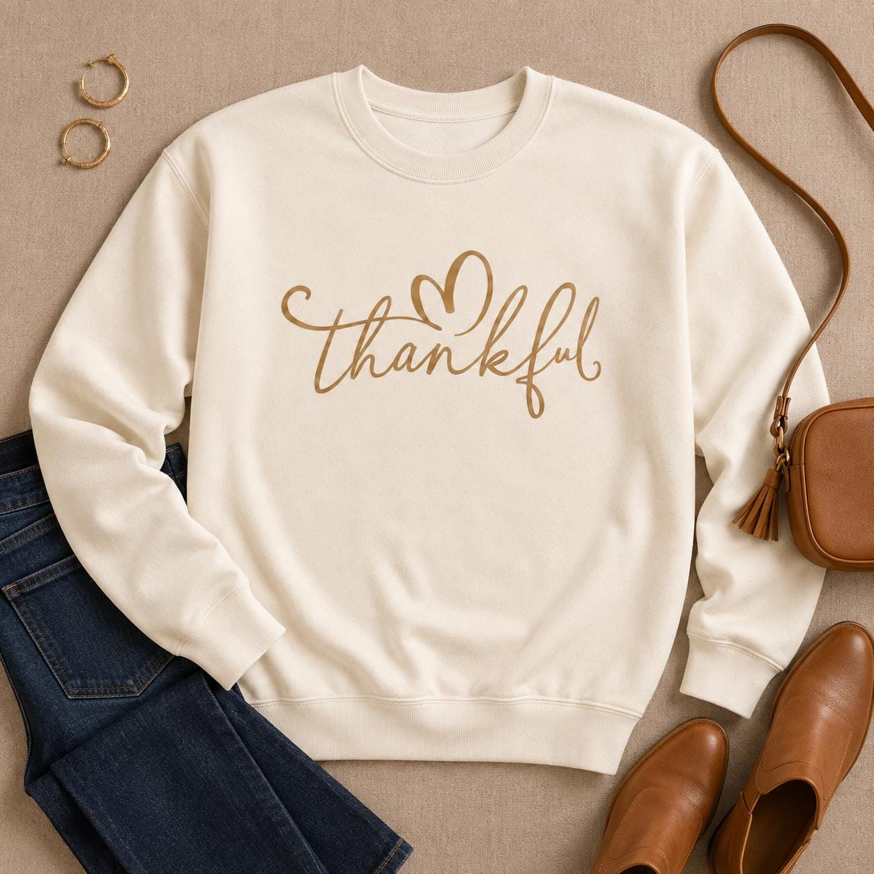 Cream Thankful Sweatshirt with gold script heart design styled with jeans and fall accessories
