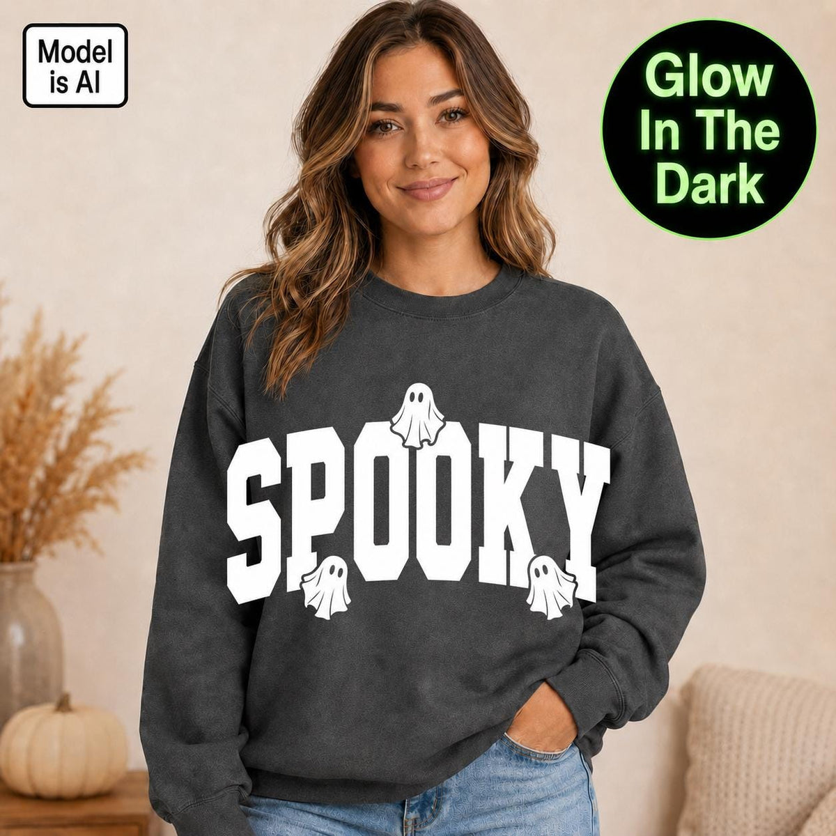 Woman wearing Gray Glow in the Dark Halloween Sweatshirt, Spooky Sweatshirt, Halloween Sweatshirt, Halloween Gift, Spooky Season Shirt, Ghost Halloween