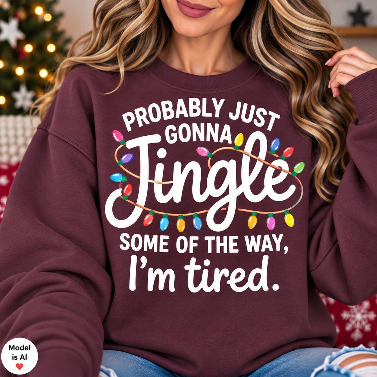 White Christmas crewneck with colorful lights and tired holiday quote