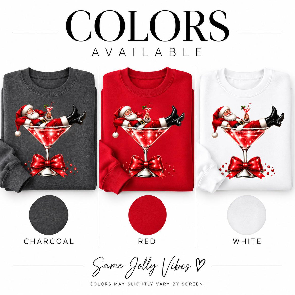 Santa Martini sweatshirt available in charcoal, red, and white
