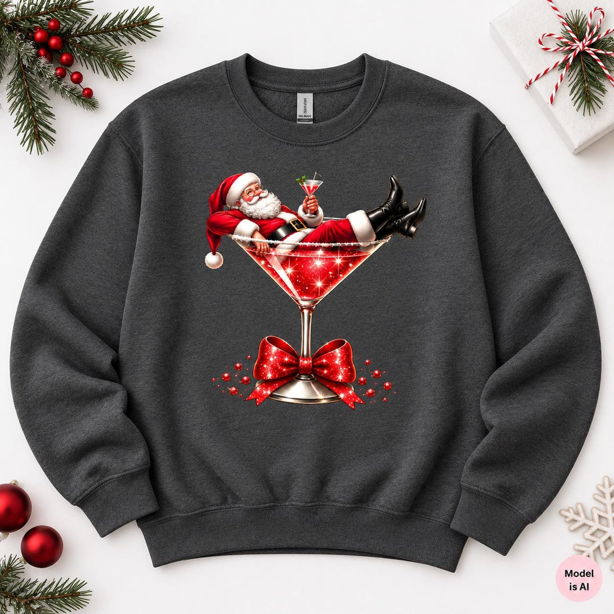 Santa cocktail Christmas crewneck with festive red bow detail