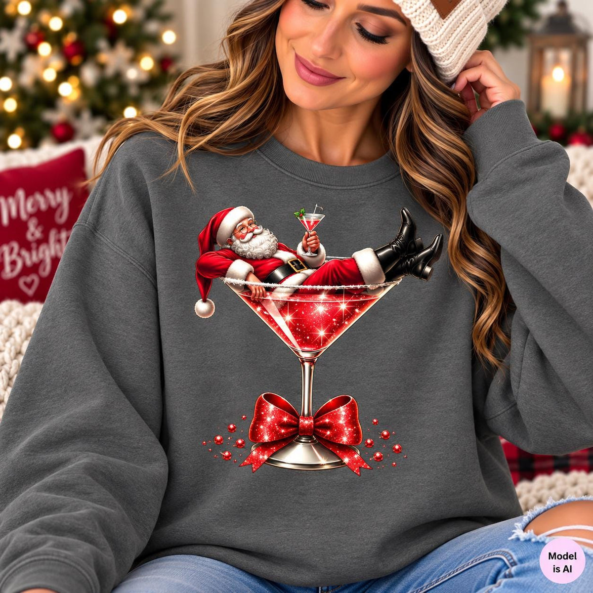 Unisex Santa Martini Christmas sweatshirt in sizes S through 3XL
