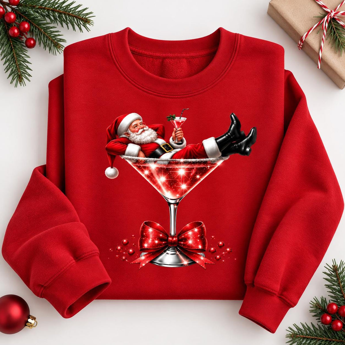 Red Santa Martini holiday sweatshirt for Christmas cocktail parties