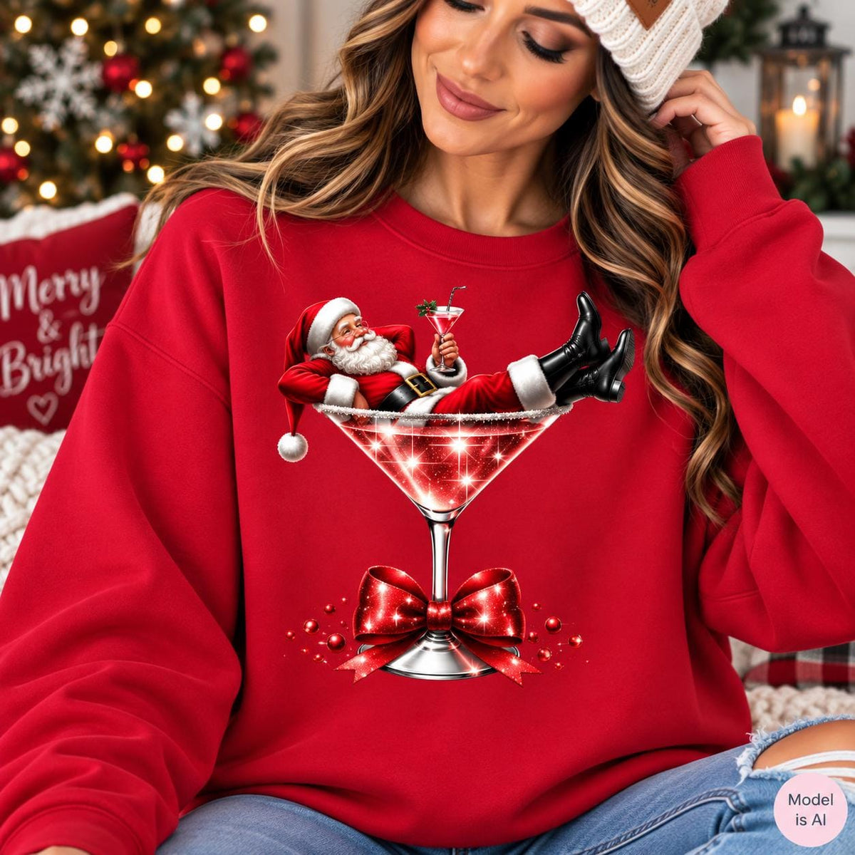 Santa holding a cocktail on a funny holiday crewneck sweatshirt