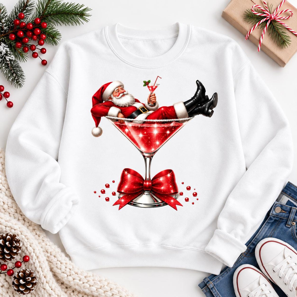 Soft unisex holiday crewneck featuring a festive Santa cocktail design