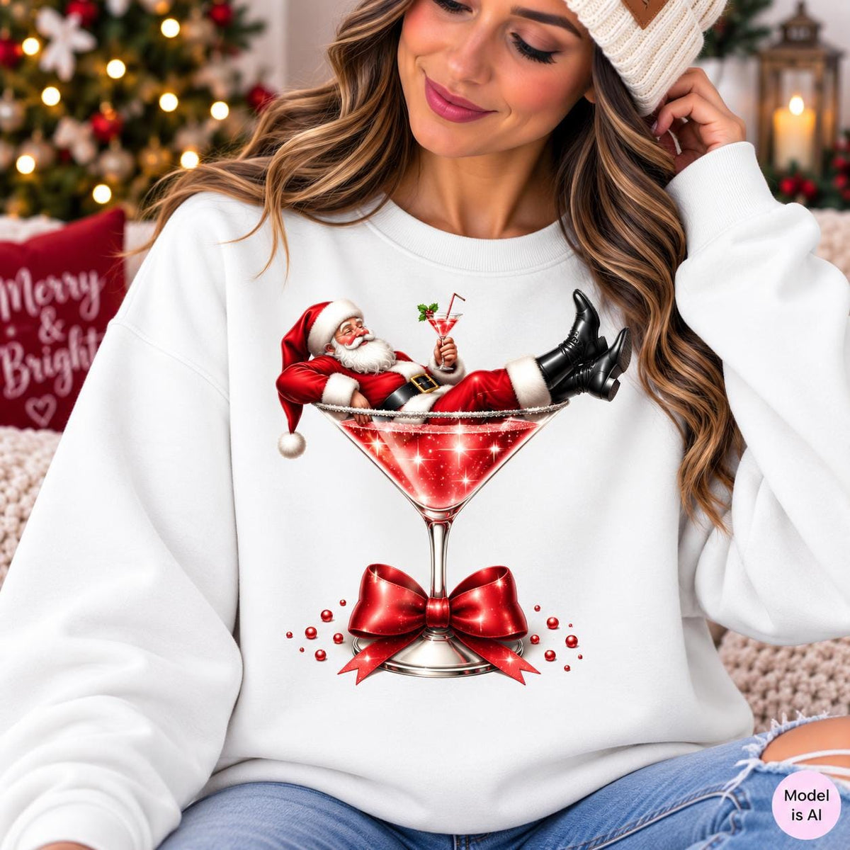 Printed Santa Martini Christmas sweatshirt care and sizing information
