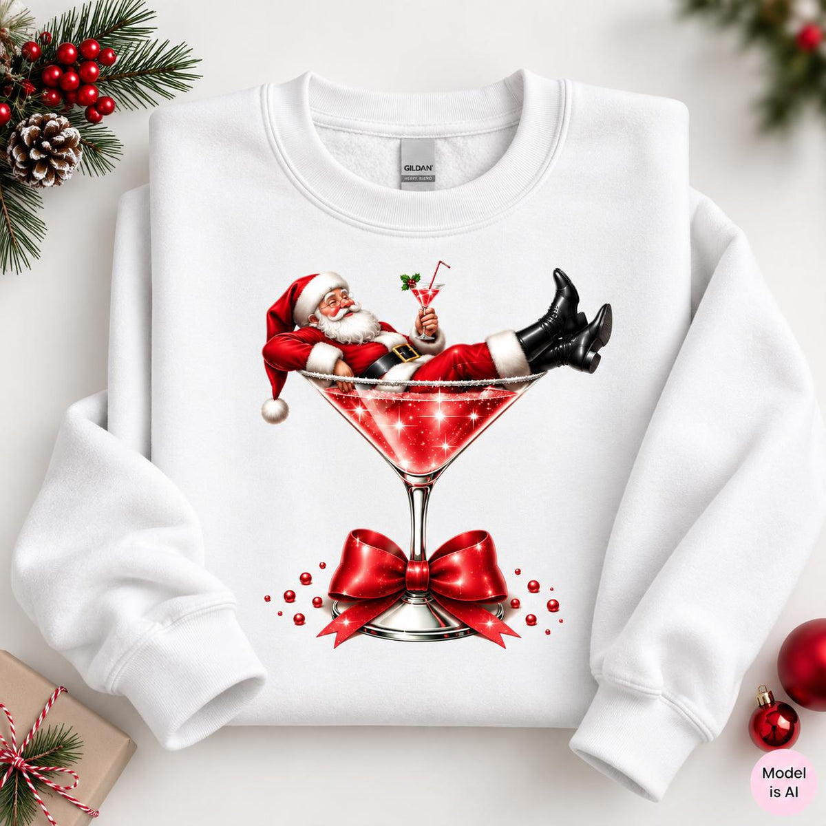 Santa Martini Christmas sweatshirt featuring Santa relaxing in a red cocktail glass