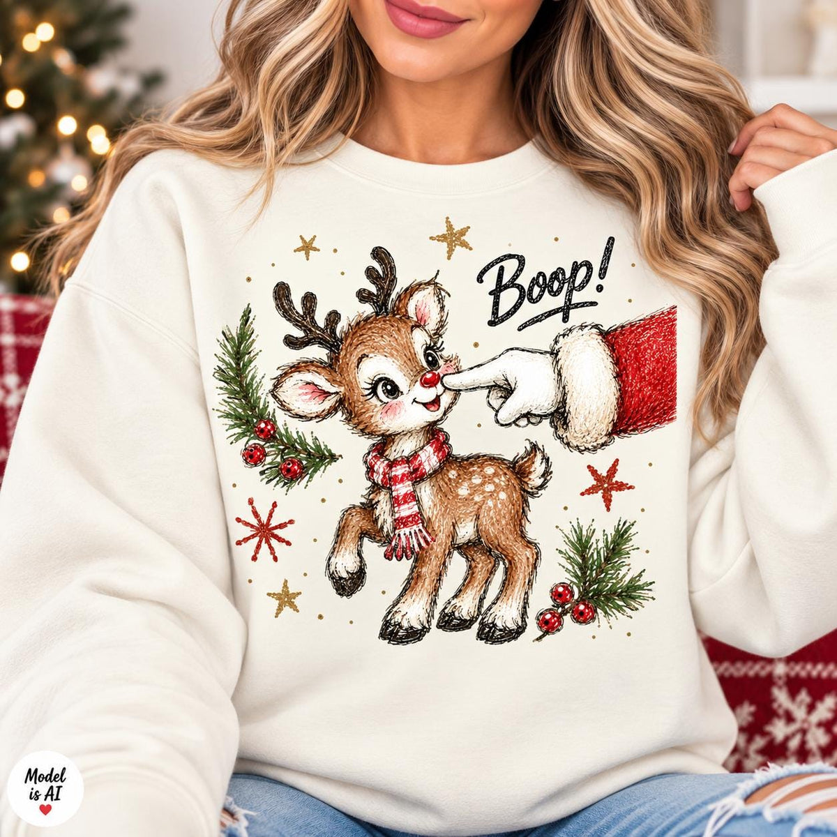 Woman wearing an Off White Boop reindeer Christmas sweatshirt.