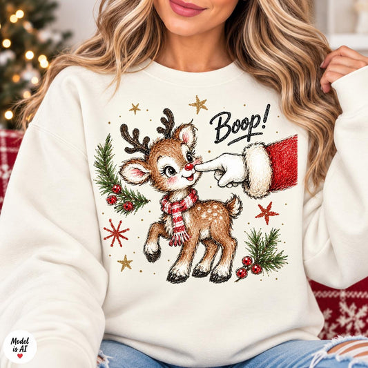 Woman wearing an Off White Boop reindeer Christmas sweatshirt.