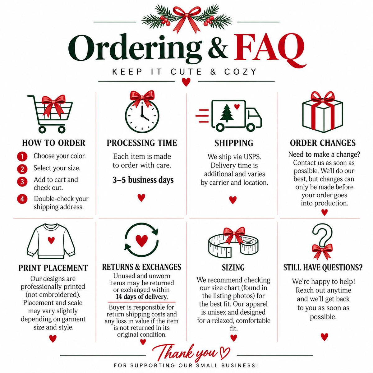 Ordering and FAQ guide for the made-to-order Boop reindeer Christmas sweatshirt.