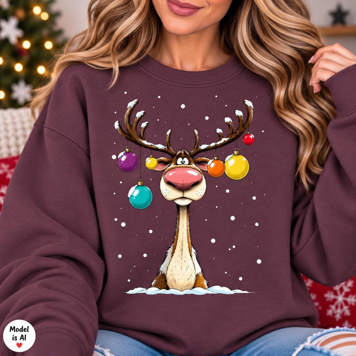 Woman wearing a Maroon reindeer Christmas crewneck sweatshirt.