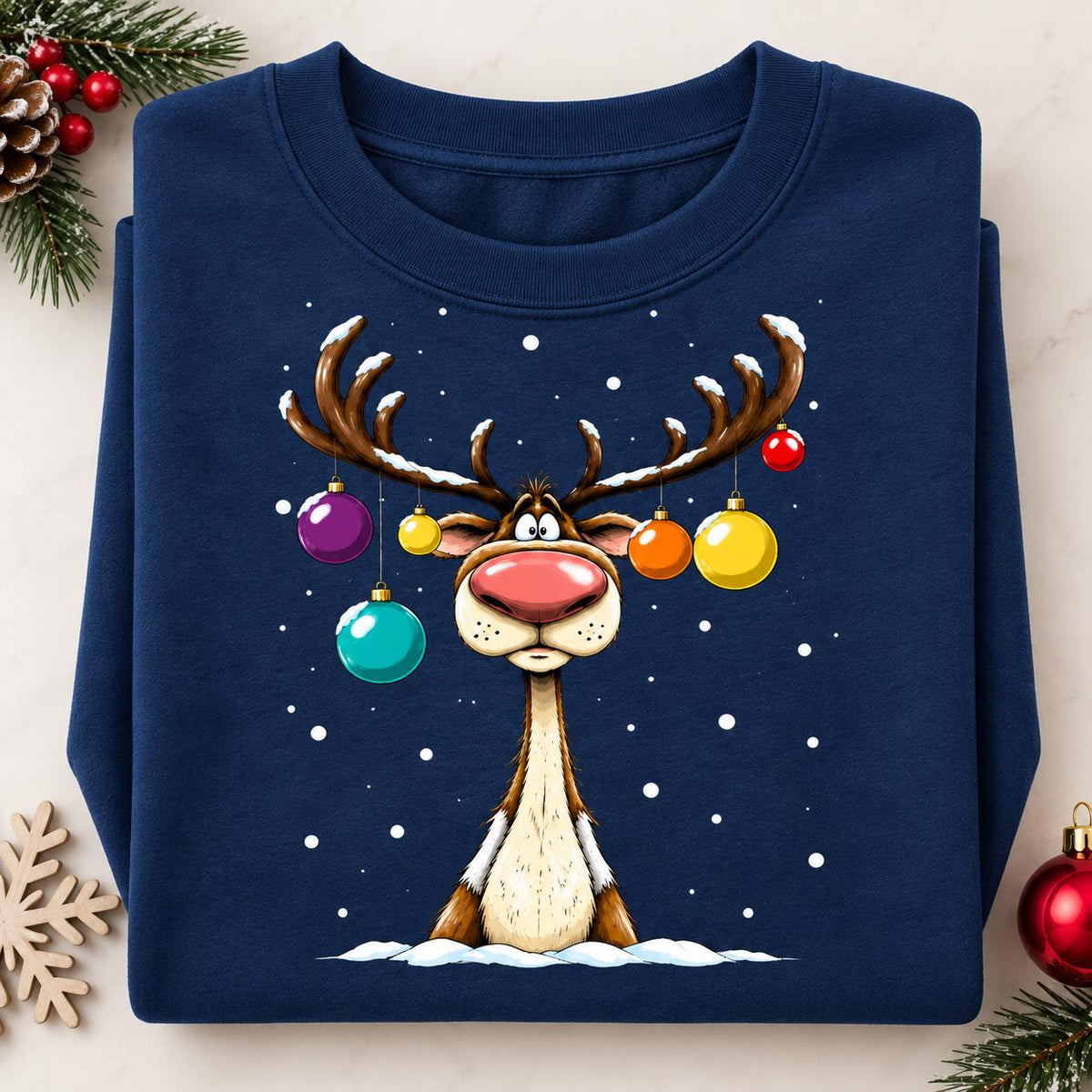 Folded Navy holiday sweatshirt with reindeer and colorful ornaments.