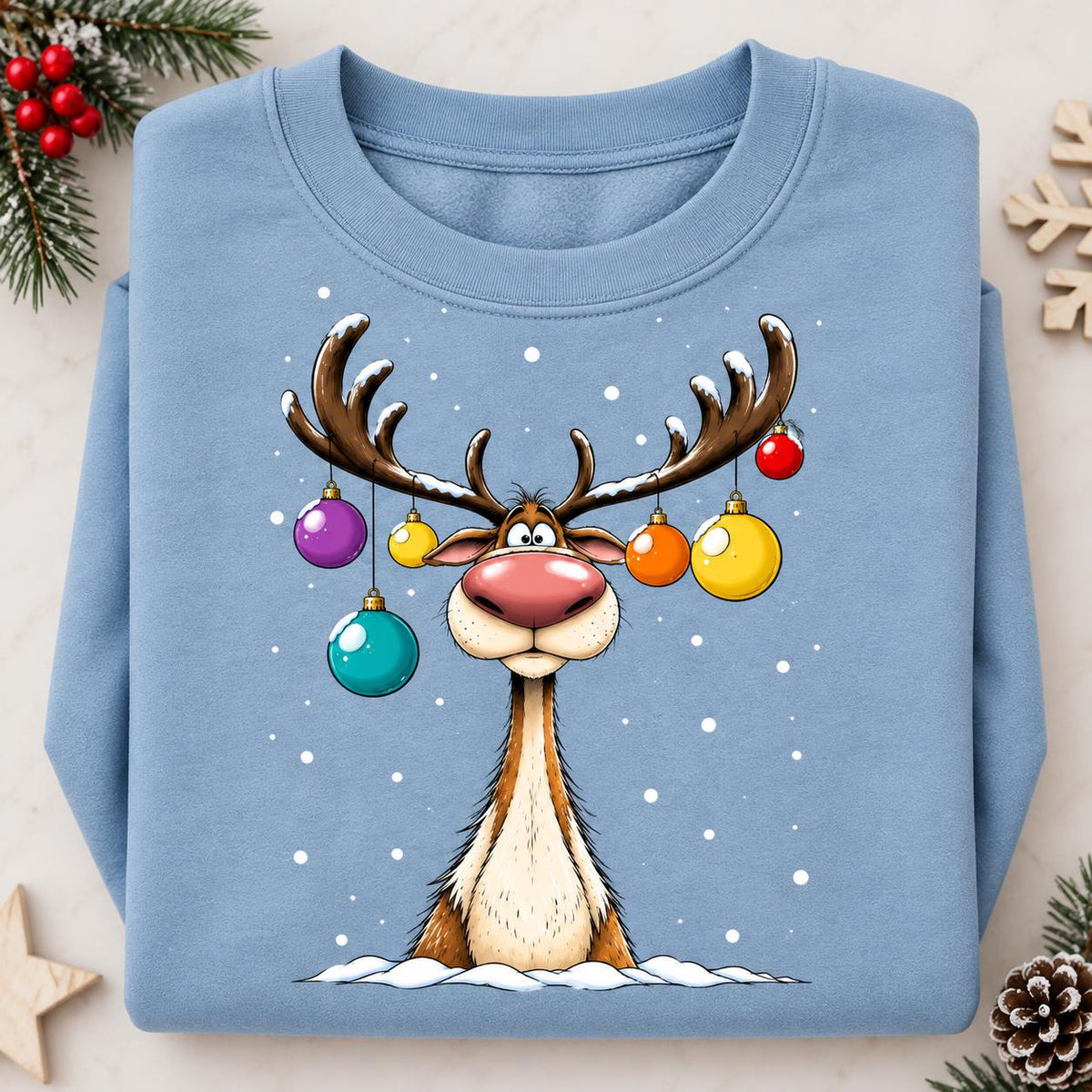 Folded Stone Blue funny reindeer Christmas sweatshirt.