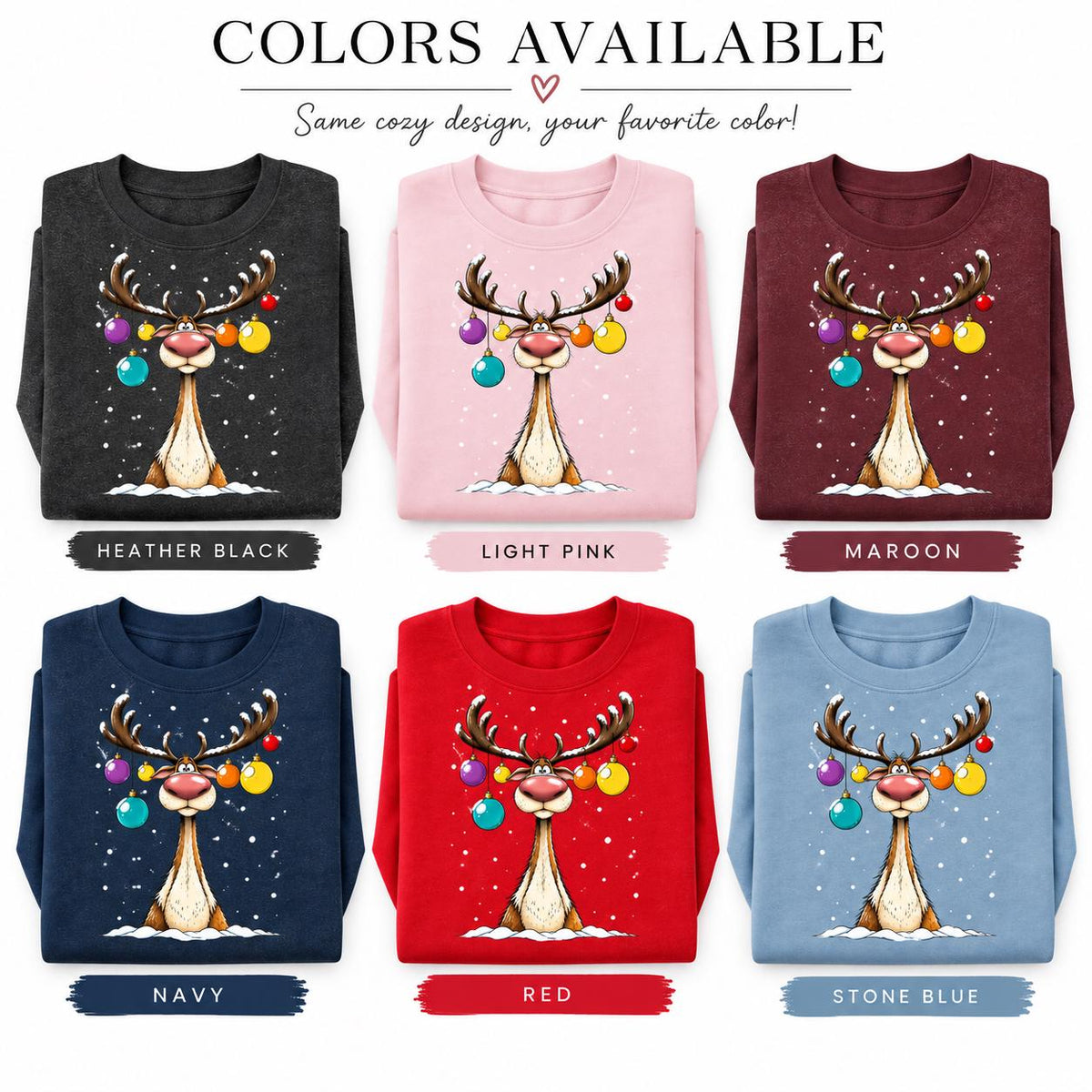 Color guide showing Heather Black, Light Pink, Maroon, Navy, Red, and Stone Blue sweatshirts.