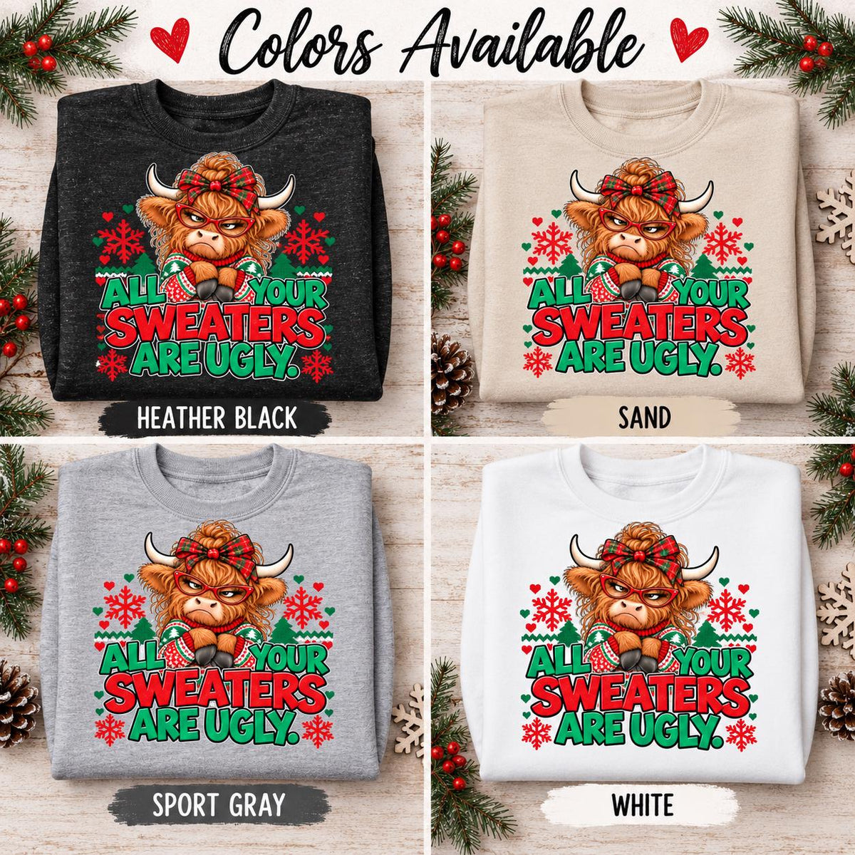 Color guide showing Heather Black, Sand, Sport Gray, and White cow sweatshirts.