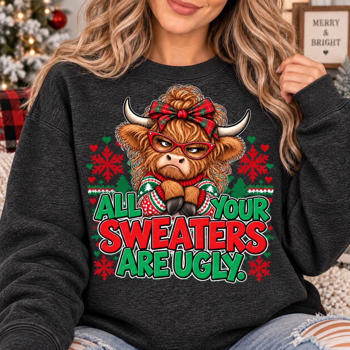 Woman wearing a Heather Black funny Highland cow Christmas sweatshirt.
