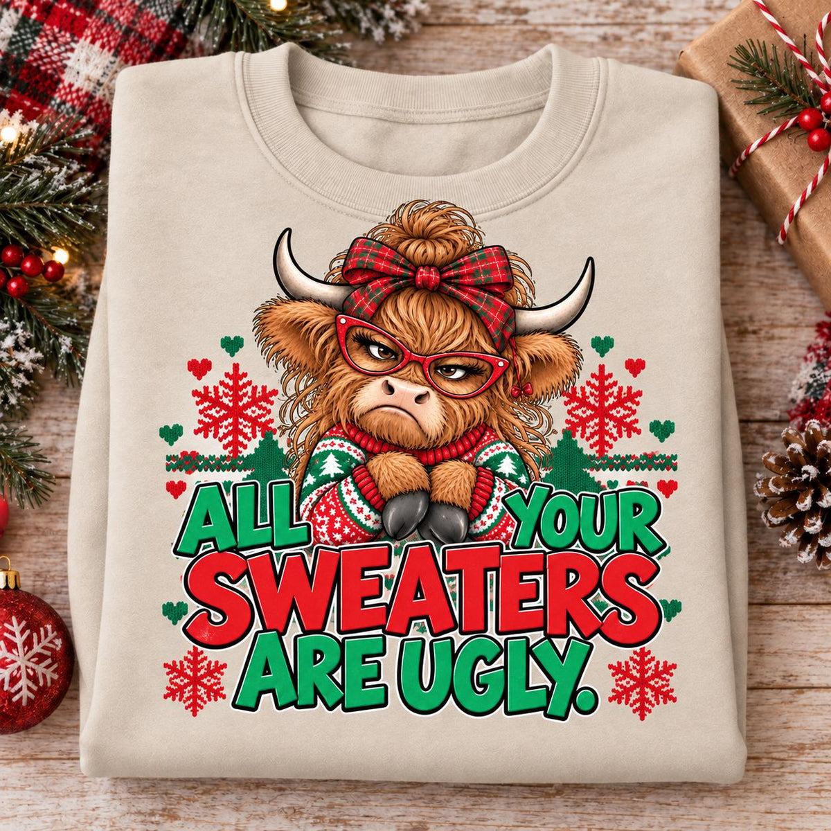 Folded Sand funny Highland cow Christmas sweatshirt with red and green graphic.