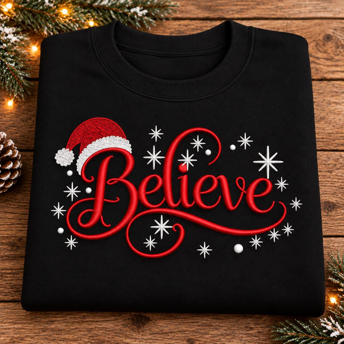 Folded black Believe Christmas sweatshirt with red script and Santa hat.