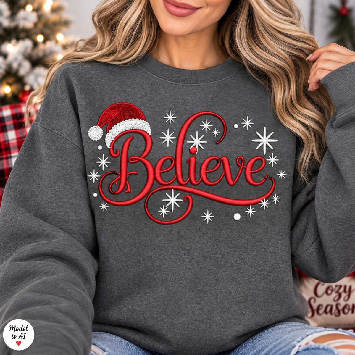 Woman wearing a charcoal Believe Christmas crewneck sweatshirt.