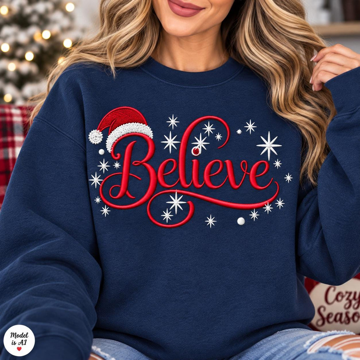 Woman modeling a navy Believe Christmas holiday crewneck sweatshirt.