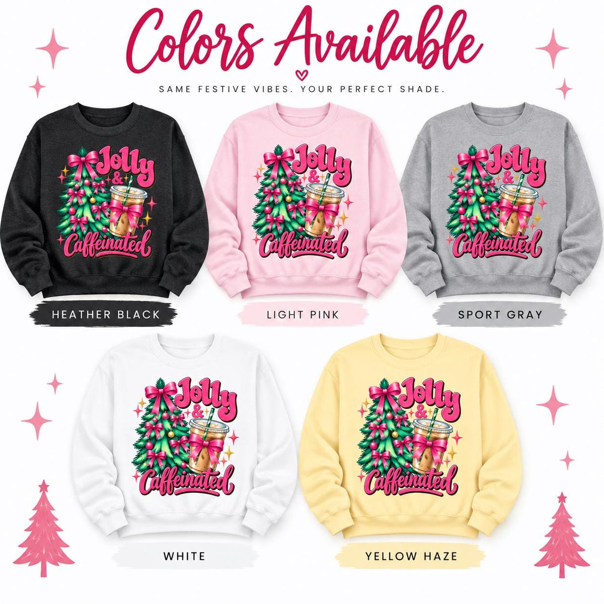 Color guide showing Heather Black, Light Pink, Sport Gray, White, and Yellow Haze sweatshirts.