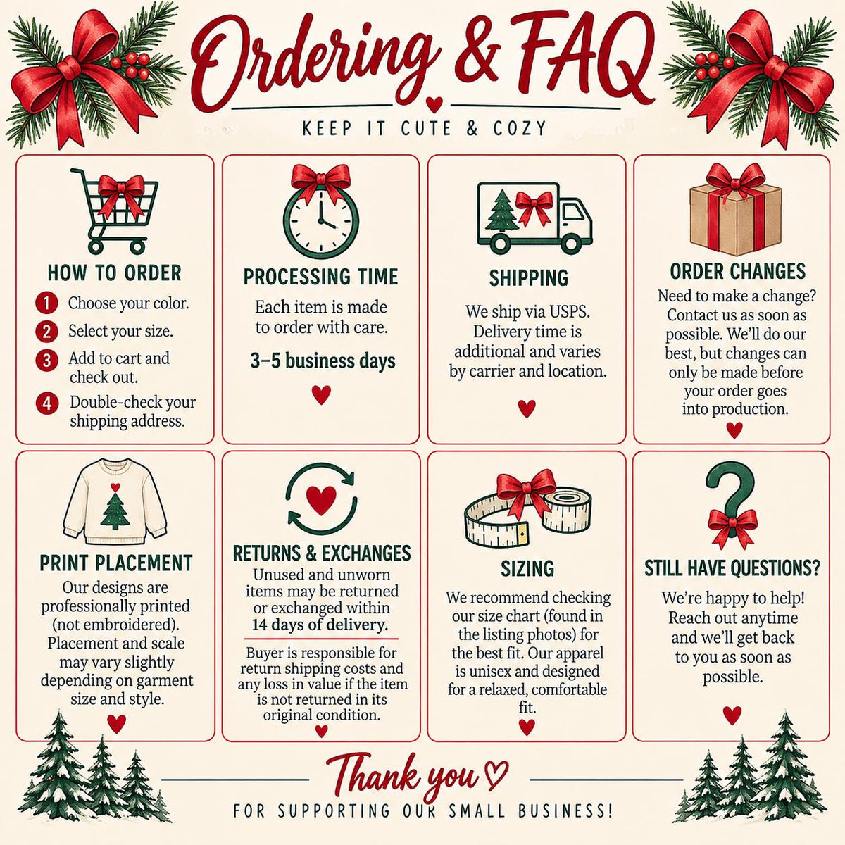 Ordering and FAQ guide for the made-to-order Christmas coffee sweatshirt.