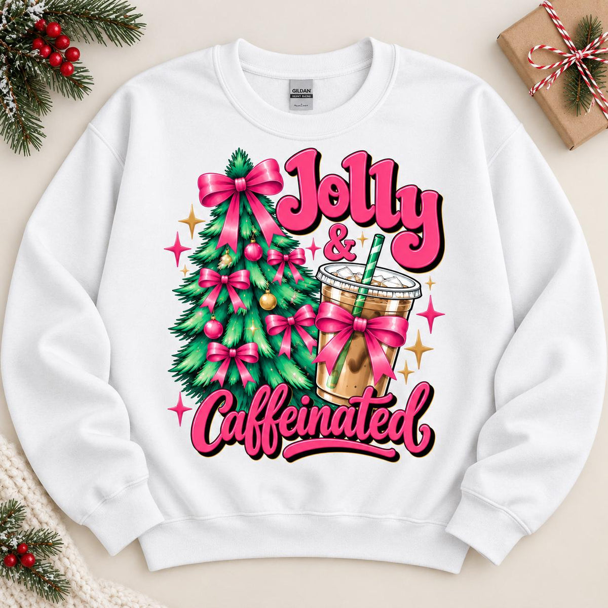 White Jolly and Caffeinated Christmas sweatshirt laid flat.
