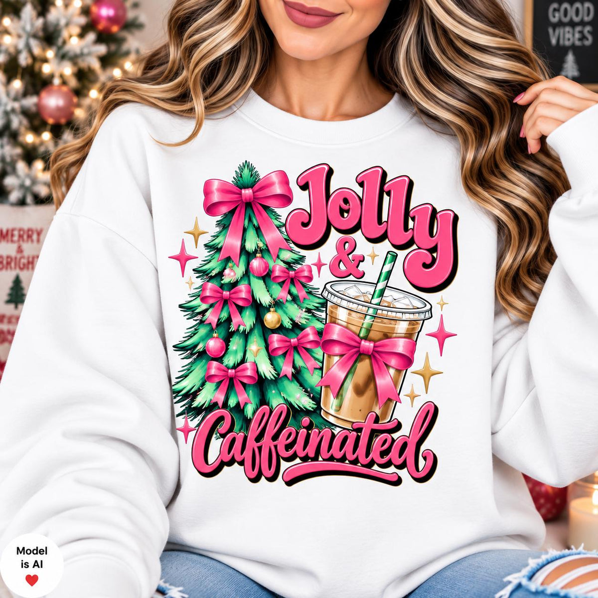 Woman modeling a White Jolly and Caffeinated Christmas crewneck sweatshirt.