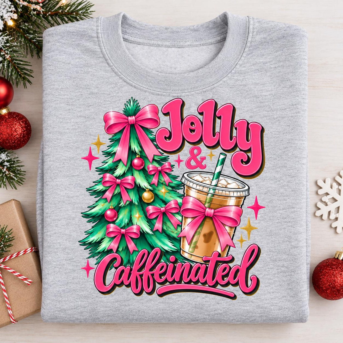 Folded Sport Gray Jolly and Caffeinated Christmas sweatshirt.