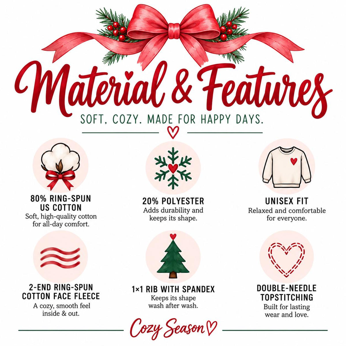 Materials and features guide for the soft unisex Christmas Eve crewneck sweatshirt.
