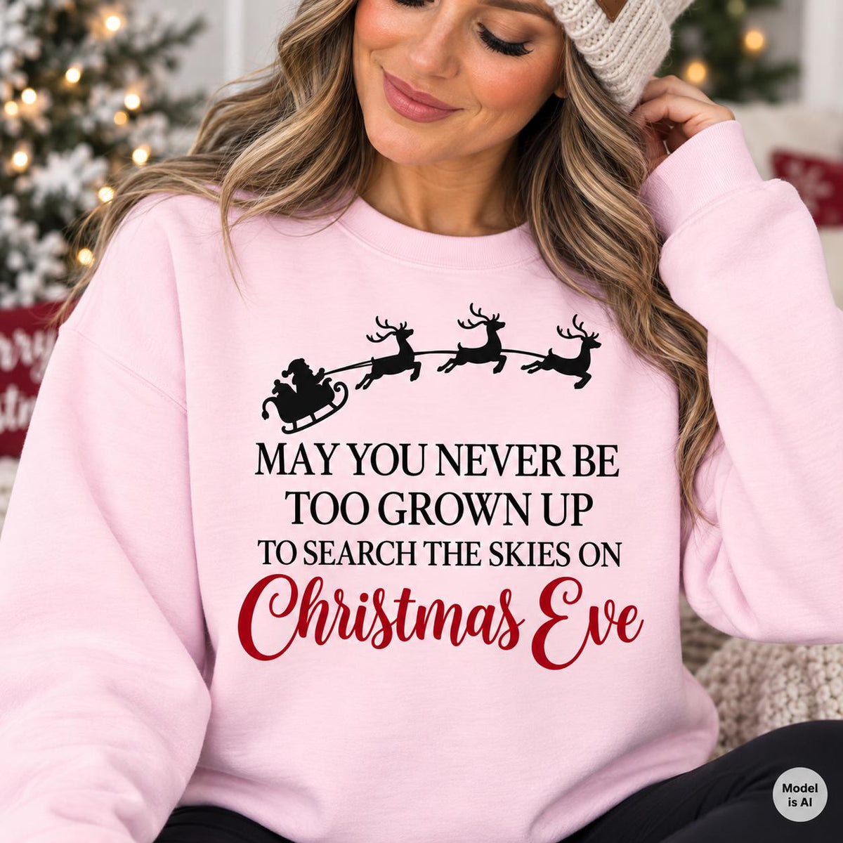 Woman modeling a Light Pink Christmas Eve sweatshirt with nostalgic holiday quote.