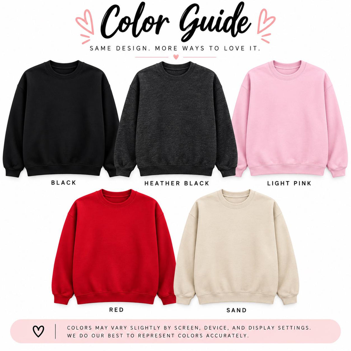 Color guide showing Black, Heather Black, Light Pink, Red, and Sand Christmas sweatshirts.