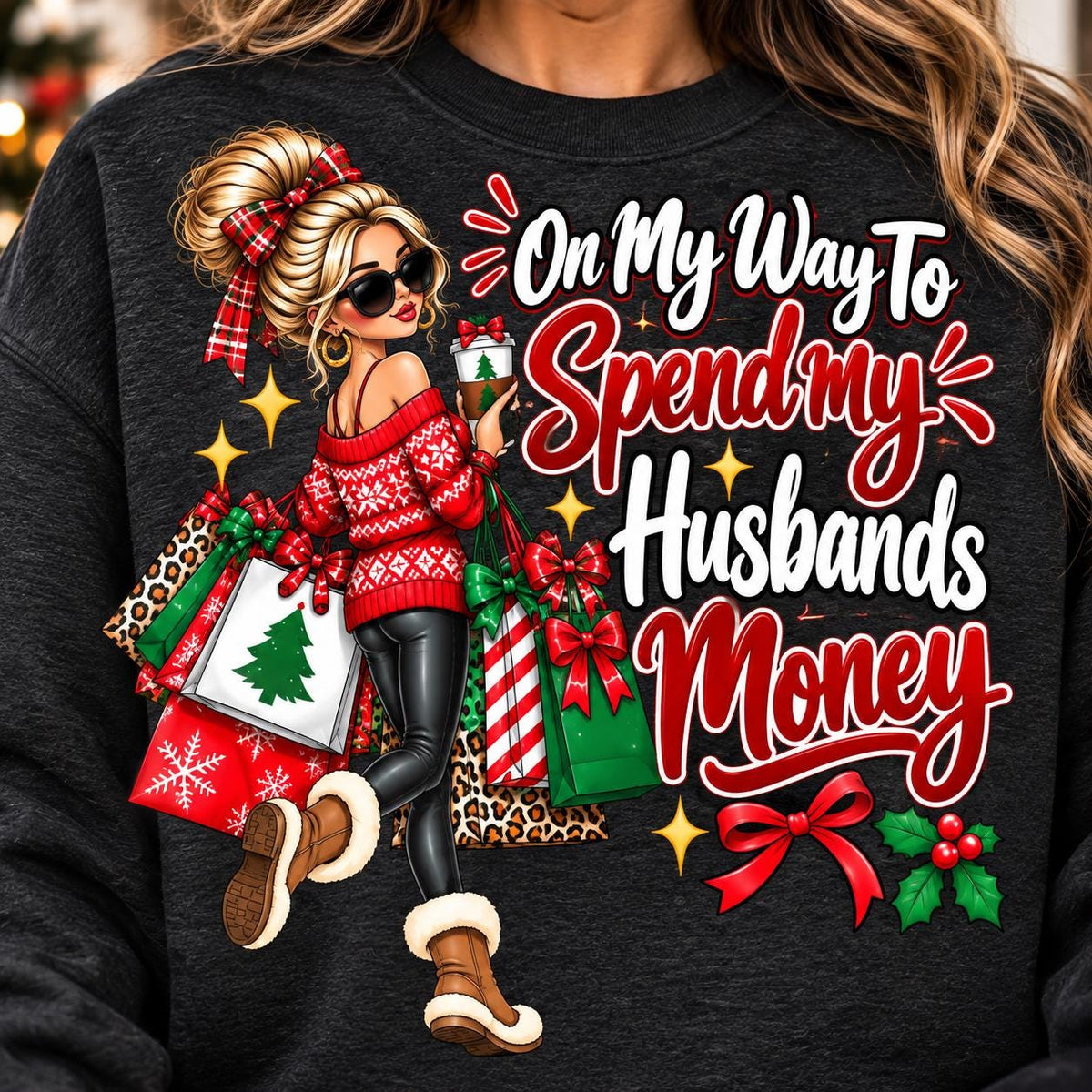 Woman modeling a heather black funny wife Christmas sweatshirt.