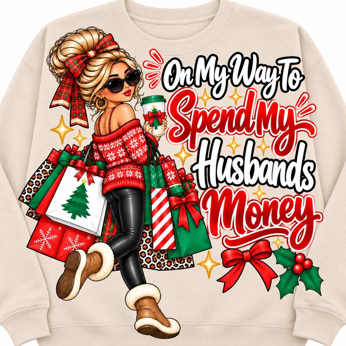 Sand On My Way to Spend My Husband’s Money Christmas sweatshirt laid flat.