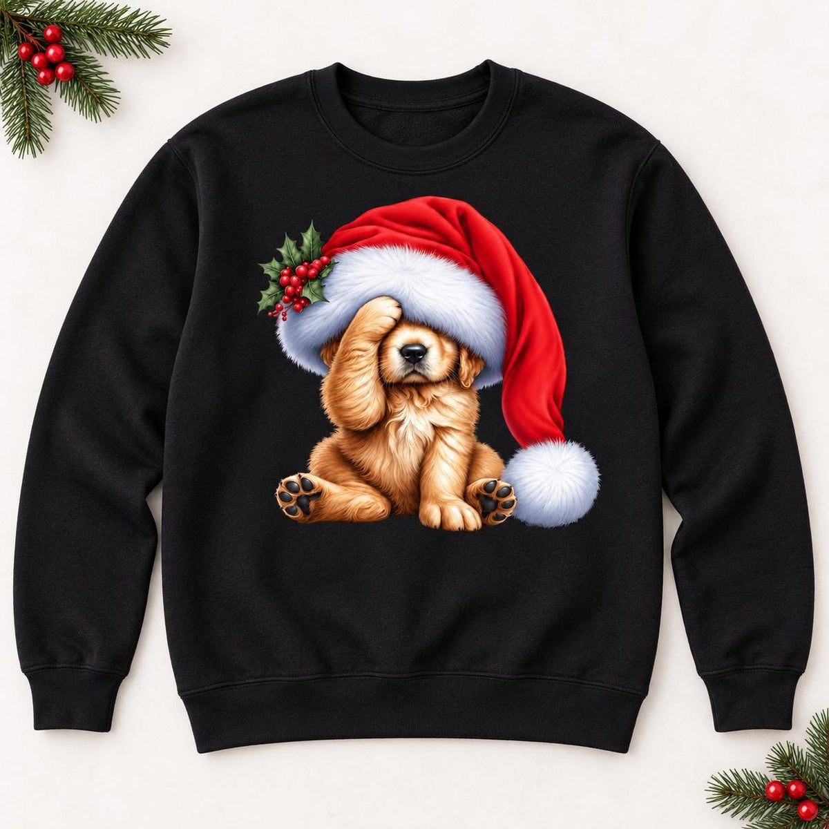 Black Christmas puppy sweatshirt laid flat, featuring a golden dog beneath an oversized red Santa hat.