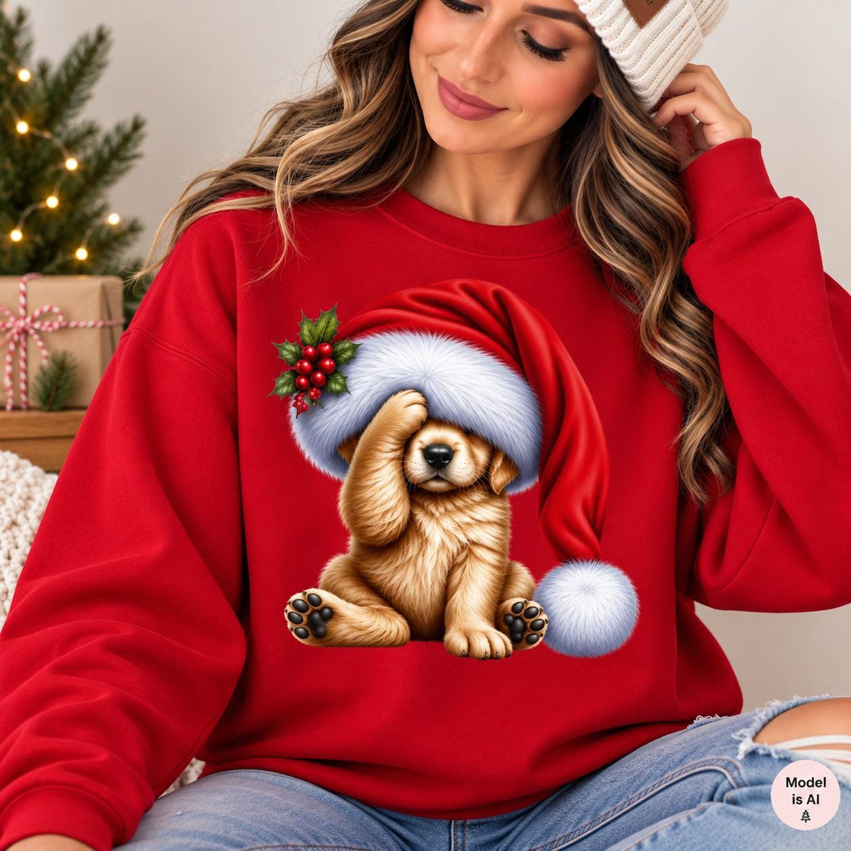 Woman wearing a red Christmas puppy sweatshirt featuring a golden dog beneath an oversized red Santa hat.