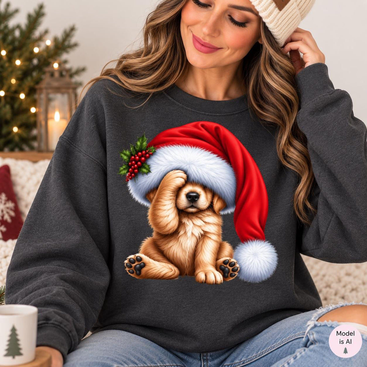 Woman wearing a charcoal Christmas puppy sweatshirt featuring a golden dog beneath an oversized red Santa hat.