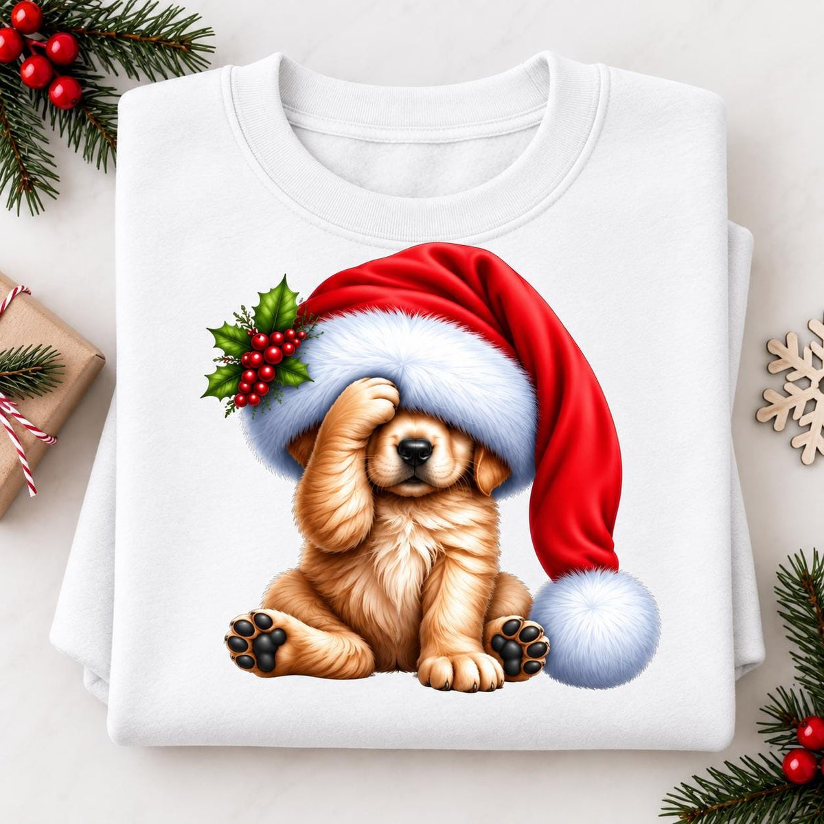 Folded white Christmas puppy sweatshirt featuring a golden dog beneath an oversized red Santa hat.