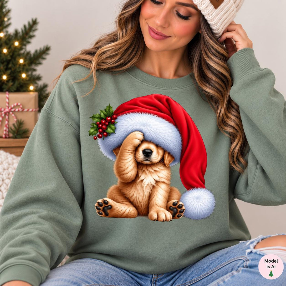 Woman wearing a sage Christmas puppy sweatshirt featuring a golden dog beneath an oversized red Santa hat.