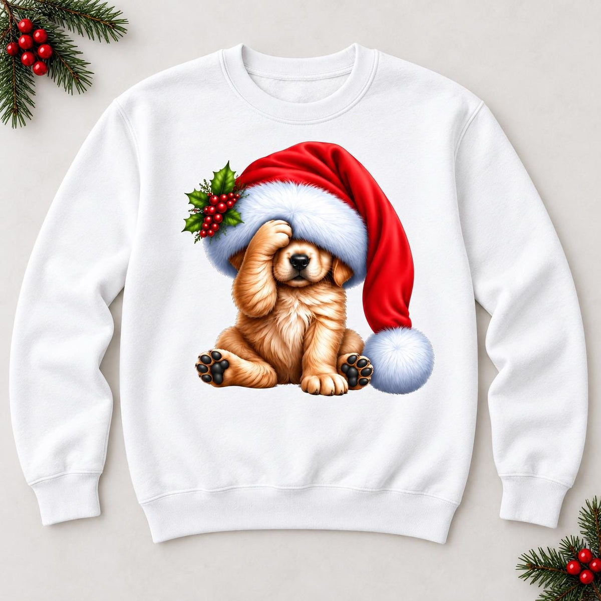 White Christmas puppy sweatshirt laid flat, featuring a golden dog beneath an oversized red Santa hat.