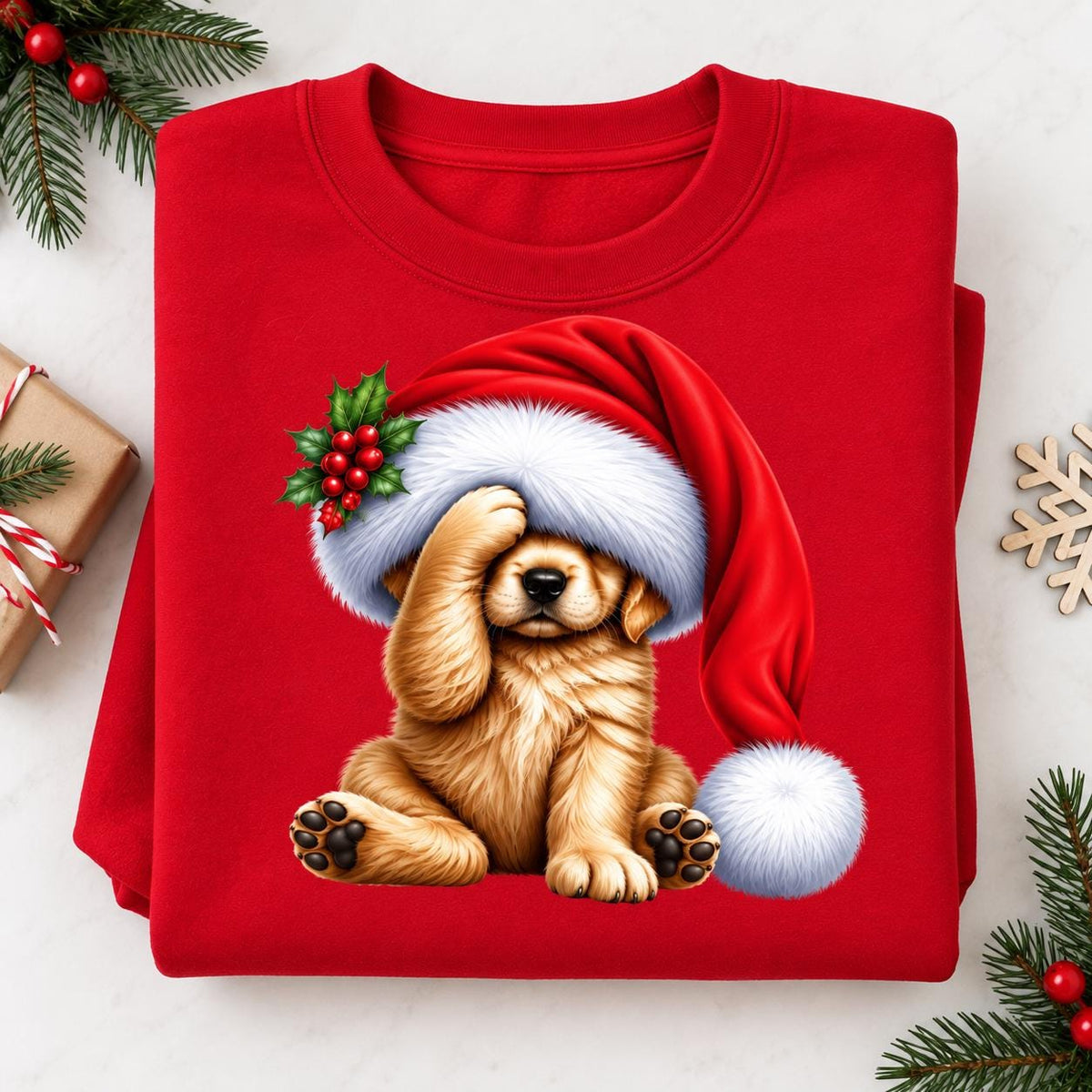Folded red Christmas puppy sweatshirt featuring a golden dog beneath an oversized red Santa hat.