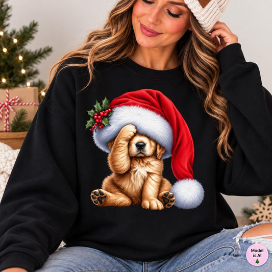 Woman wearing a black Christmas sweatshirt featuring a golden puppy hiding beneath an oversized red Santa hat.