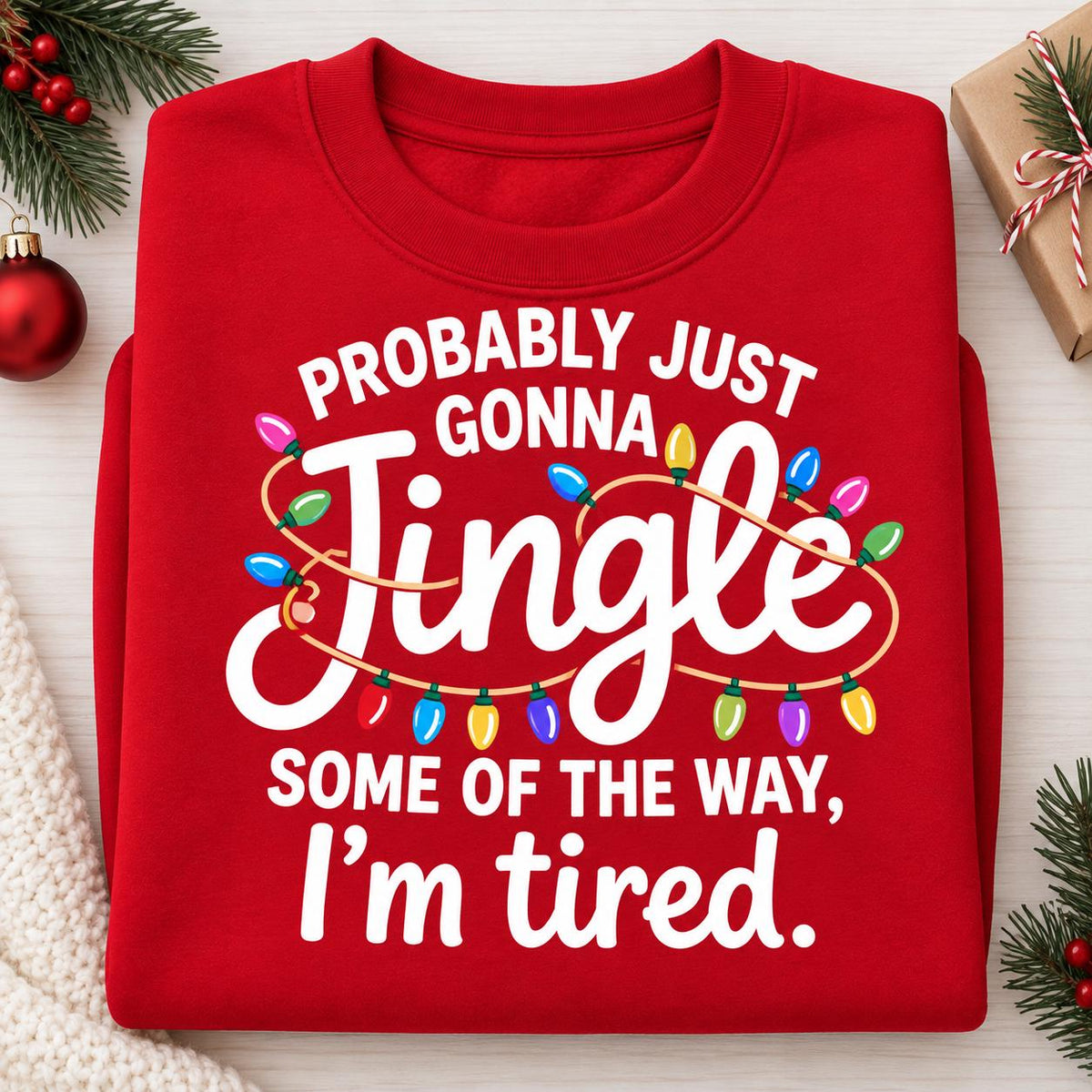 Funny Christmas sweatshirt featuring the phrase Probably Just Gonna Jingle Some of the Way